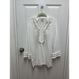 Chico's Women White Linen Blend Embellished‎ Kurta Tunic Blouse Size 1